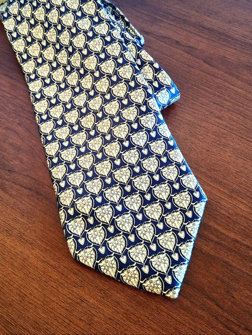 Vintage Mens SULKA Silk Tie Medallion Print Navy Cream Made In France